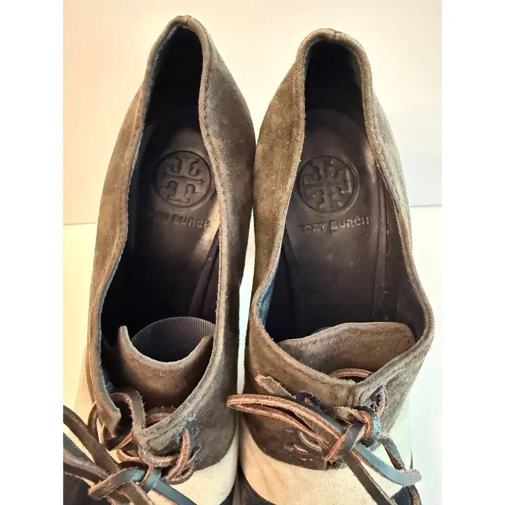 Tory Burch Stella Oxford Pumps Size 8.5 Color Block Suede Chunky Heel Lace Up